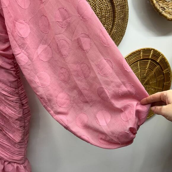 ASOS Design Curve Pink Long Sleeve Ruffle Tie Front Ruched Mini Dress 12 - Picture 6 of 8